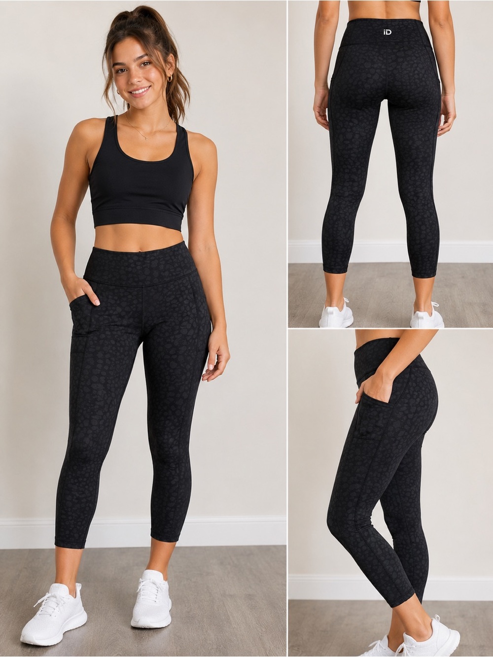 Ideology Black Leopard Print High Rise Crop Leggings Medium Side Pocket